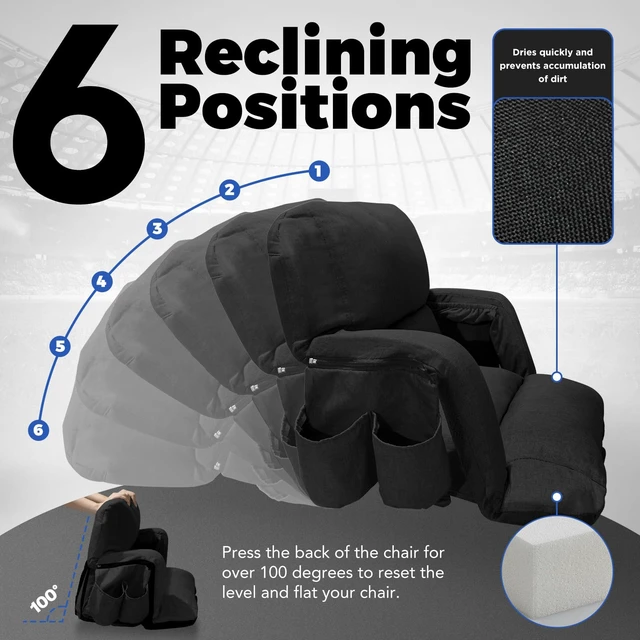 Alt view image 5 of 7 - Wide Stadium Seats With Back Support, Exclusive "Sofa Style" Design Extra Thick Bleacher Chairs With Back and Cushion, 6 Reclining Positions - Ultimate Comfort for Sports Events (Black, 22.5")