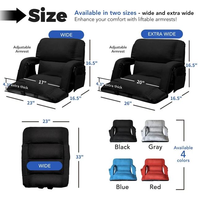 Alt view image 7 of 7 - Wide Stadium Seats With Back Support, Exclusive "Sofa Style" Design Extra Thick Bleacher Chairs With Back and Cushion, 6 Reclining Positions - Ultimate Comfort for Sports Events (Black, 22.5")