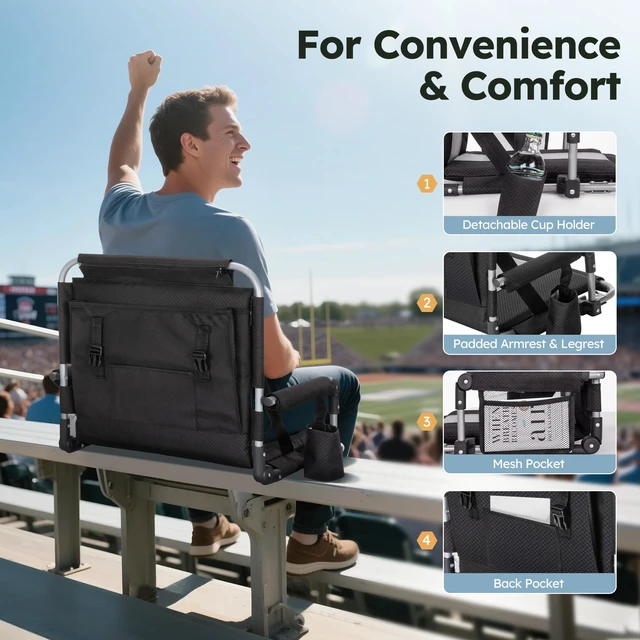 Alt view image 7 of 7 - 2 Pack Folding Stadium Seats, Portable Bleacher Chairs | with Comfortable Cushions, Cup Holder and Mesh Bag, Perfect for Sports Games and Outdoor Activities