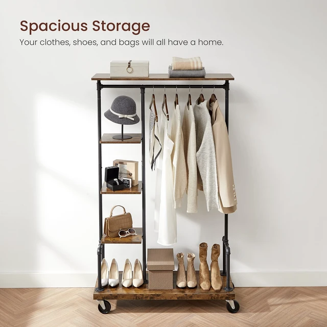 Alt view image 2 of 7 - Clothes Rack, 5-Tier Garment Rack on Wheels, Industrial Pipe Style | Rolling Clothes Organizer, Rustic Brown, DALSON Collection UHSR66BXV2