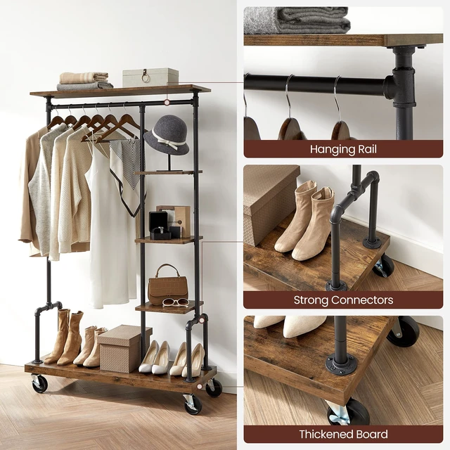 Alt view image 3 of 7 - Clothes Rack, 5-Tier Garment Rack on Wheels, Industrial Pipe Style | Rolling Clothes Organizer, Rustic Brown, DALSON Collection UHSR66BXV2