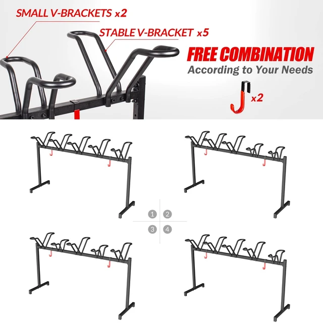 Alt view image 2 of 7 - 5-Bike Floor Stand, Adjustable Garage Bike Storage Rack | Steel Floor Rack Holds 5 Bikes With Tires Up To 2.5 Inches; Adjustable Crossbar And S-Hook Suit Garages, Indoors Or Outdoors