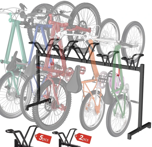 Main image of 5-Bike Floor Stand, Adjustable Garage Bike Storage Rack | Steel Floor Rack Holds 5 Bikes With Tires Up To 2.5 Inches; Adjustable Crossbar And S-Hook Suit Garages, Indoors Or Outdoors