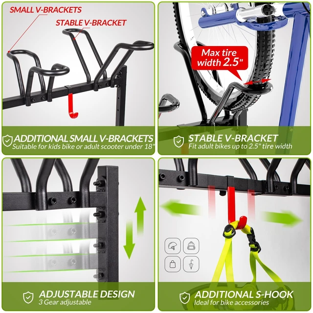 Alt view image 3 of 7 - 5-Bike Floor Stand, Adjustable Garage Bike Storage Rack | Steel Floor Rack Holds 5 Bikes With Tires Up To 2.5 Inches; Adjustable Crossbar And S-Hook Suit Garages, Indoors Or Outdoors
