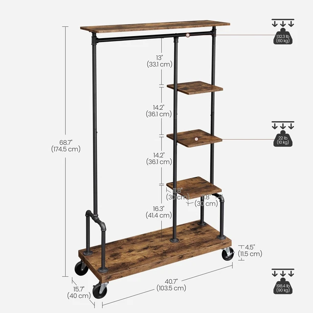 Alt view image 5 of 7 - Clothes Rack, 5-Tier Garment Rack on Wheels, Industrial Pipe Style | Rolling Clothes Organizer, Rustic Brown, DALSON Collection UHSR66BXV2