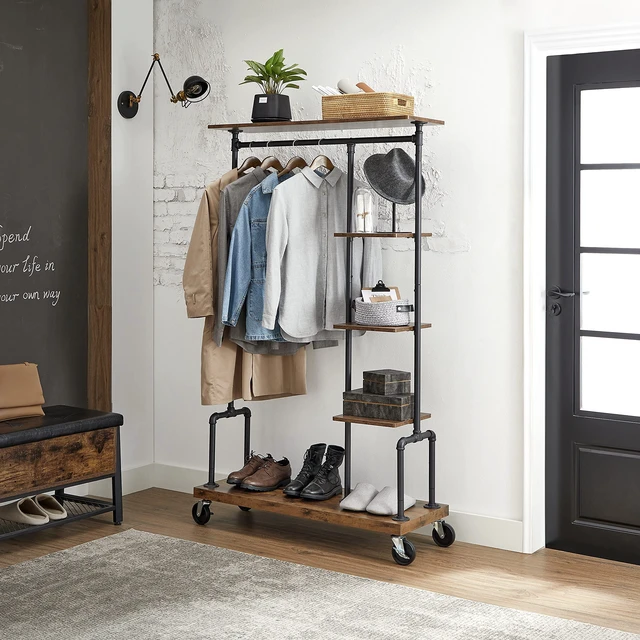 Alt view image 6 of 7 - Clothes Rack, 5-Tier Garment Rack on Wheels, Industrial Pipe Style | Rolling Clothes Organizer, Rustic Brown, DALSON Collection UHSR66BXV2