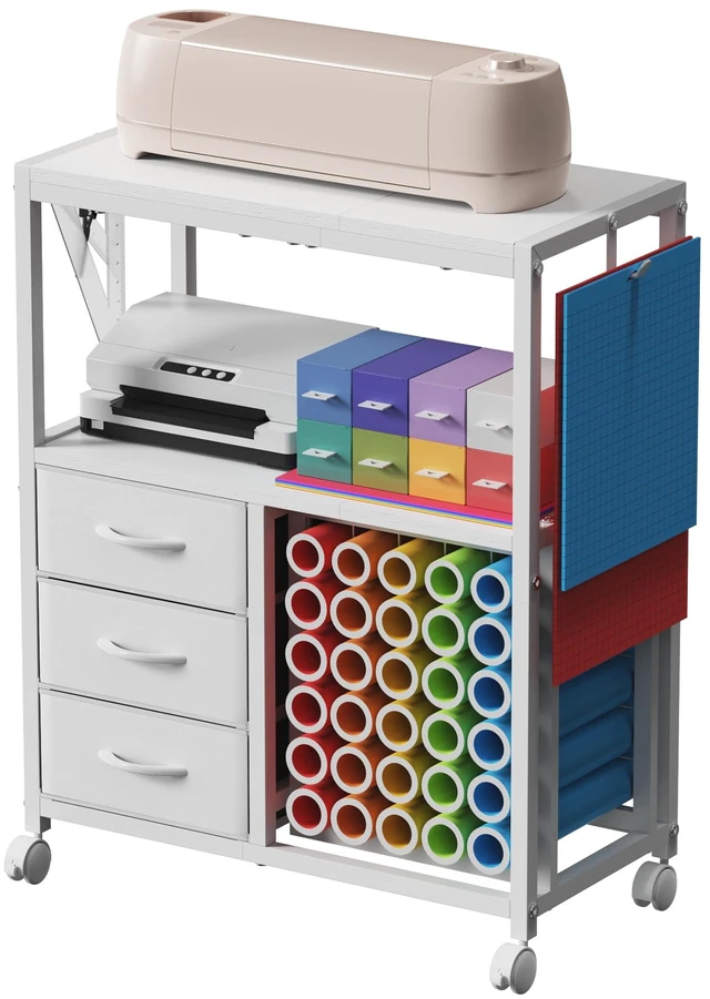 Main image of 30 Vinyl Roll Holders for Cricut Cart, Rolling Craft Cart with 3 Fabric Drawer, Craft Organization and Storage Compatible with Cricut Maker Machine, Crafting Table Workstation, White, Patent Pending
