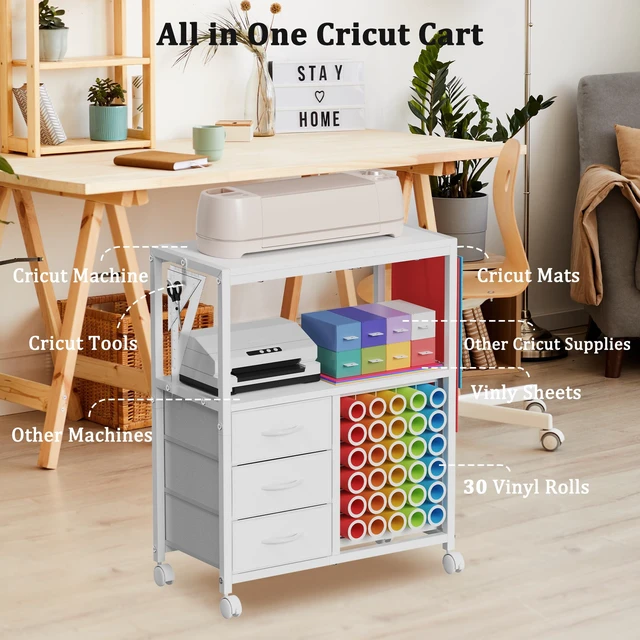 Alt view image 2 of 7 - 30 Vinyl Roll Holders for Cricut Cart, Rolling Craft Cart with 3 Fabric Drawer, Craft Organization and Storage Compatible with Cricut Maker Machine, Crafting Table Workstation, White, Patent Pending