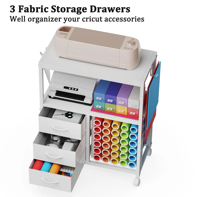 Alt view image 3 of 7 - 30 Vinyl Roll Holders for Cricut Cart, Rolling Craft Cart with 3 Fabric Drawer, Craft Organization and Storage Compatible with Cricut Maker Machine, Crafting Table Workstation, White, Patent Pending