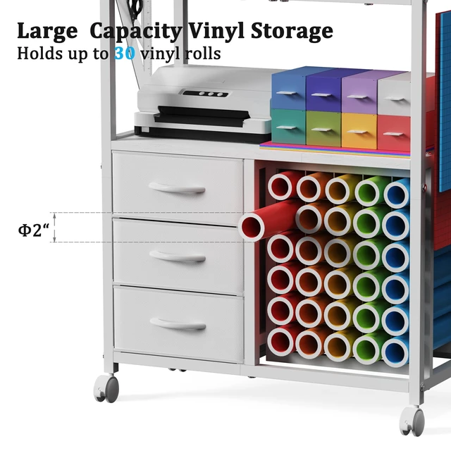 Alt view image 5 of 7 - 30 Vinyl Roll Holders for Cricut Cart, Rolling Craft Cart with 3 Fabric Drawer, Craft Organization and Storage Compatible with Cricut Maker Machine, Crafting Table Workstation, White, Patent Pending