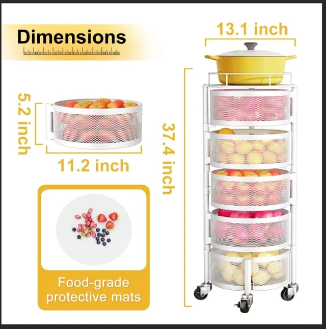 Alt view image 2 of 7 - 5-Tier Fruit and Vegetable Basket Bowls for Kitchen, Rotating, White | Metal Top Lid, Rolling Storage Rack Cart for Potato, Onion &Fruit, Large Wire Basket Organizer for Kitchen Counter, Pantry