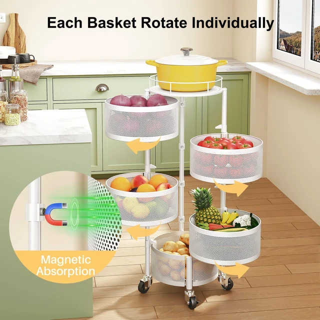 Alt view image 3 of 7 - 5-Tier Fruit and Vegetable Basket Bowls for Kitchen, Rotating, White | Metal Top Lid, Rolling Storage Rack Cart for Potato, Onion &Fruit, Large Wire Basket Organizer for Kitchen Counter, Pantry