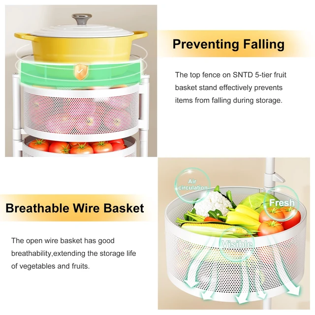 Alt view image 4 of 7 - 5-Tier Fruit and Vegetable Basket Bowls for Kitchen, Rotating, White | Metal Top Lid, Rolling Storage Rack Cart for Potato, Onion &Fruit, Large Wire Basket Organizer for Kitchen Counter, Pantry