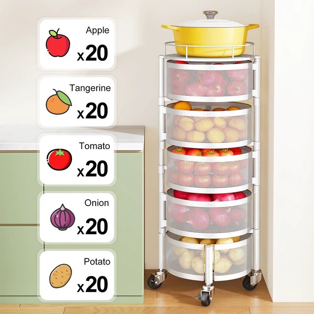 Alt view image 5 of 7 - 5-Tier Fruit and Vegetable Basket Bowls for Kitchen, Rotating, White | Metal Top Lid, Rolling Storage Rack Cart for Potato, Onion &Fruit, Large Wire Basket Organizer for Kitchen Counter, Pantry
