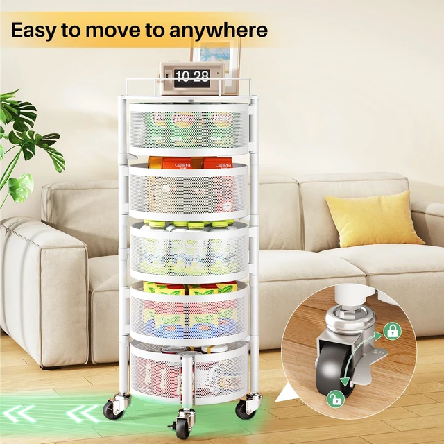 Alt view image 6 of 7 - 5-Tier Fruit and Vegetable Basket Bowls for Kitchen, Rotating, White | Metal Top Lid, Rolling Storage Rack Cart for Potato, Onion &Fruit, Large Wire Basket Organizer for Kitchen Counter, Pantry
