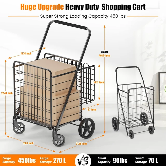 Alt view image 2 of 7 - 455lbs Shopping Cart for Groceries, Large Heavy Duty Grocery Cart on Wheels | Folding Dual Basket Utility Carts with Waterproof Liner, Shopping Carts for Transport, Laundry, Gift, Luggage