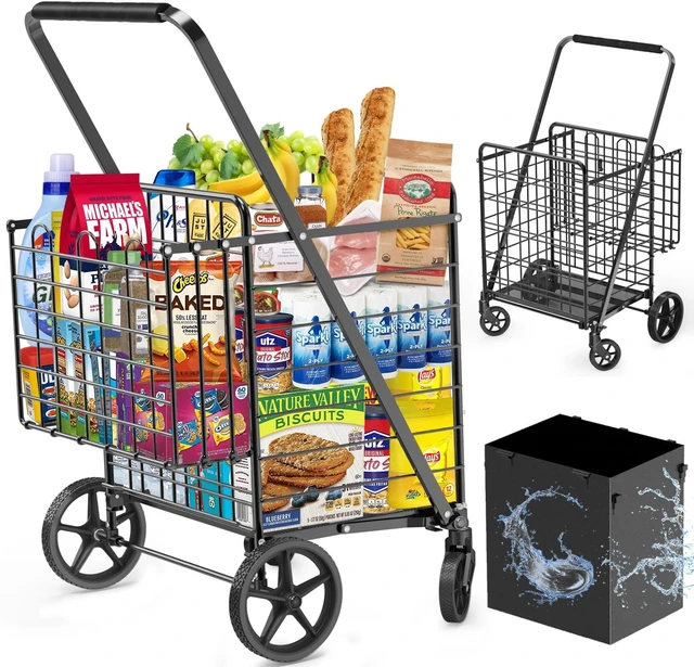 Main image of 455lbs Shopping Cart for Groceries, Large Heavy Duty Grocery Cart on Wheels | Folding Dual Basket Utility Carts with Waterproof Liner, Shopping Carts for Transport, Laundry, Gift, Luggage