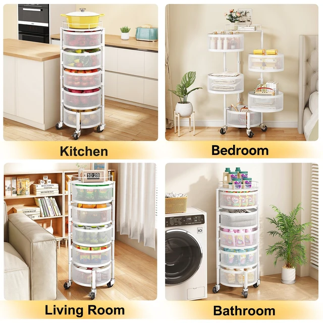 Alt view image 7 of 7 - 5-Tier Fruit and Vegetable Basket Bowls for Kitchen, Rotating, White | Metal Top Lid, Rolling Storage Rack Cart for Potato, Onion &Fruit, Large Wire Basket Organizer for Kitchen Counter, Pantry