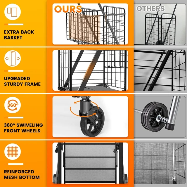 Alt view image 3 of 7 - 455lbs Shopping Cart for Groceries, Large Heavy Duty Grocery Cart on Wheels | Folding Dual Basket Utility Carts with Waterproof Liner, Shopping Carts for Transport, Laundry, Gift, Luggage