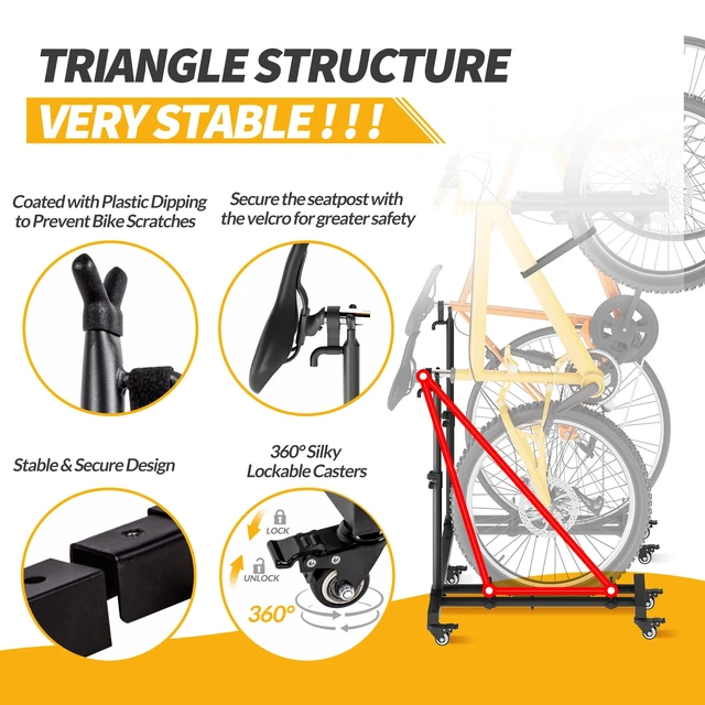 Alt view image 2 of 7 - Bike Rack for Garage, Vertical Bike Stand (2 Pack), Fits bikes up to 29" | Freestanding Bike Stand With No Wall Mounting Or Drilling, Adjustable Height, Stores Up To 2 Bikes With Casters For Mobility