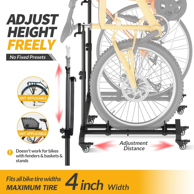 Alt view image 3 of 7 - Bike Rack for Garage, Vertical Bike Stand (2 Pack), Fits bikes up to 29" | Freestanding Bike Stand With No Wall Mounting Or Drilling, Adjustable Height, Stores Up To 2 Bikes With Casters For Mobility
