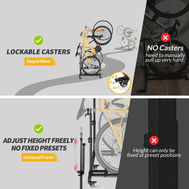 Alt view image 4 of 7 - Bike Rack for Garage, Vertical Bike Stand (2 Pack), Fits bikes up to 29" | Freestanding Bike Stand With No Wall Mounting Or Drilling, Adjustable Height, Stores Up To 2 Bikes With Casters For Mobility