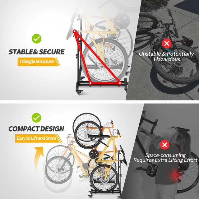 Alt view image 5 of 7 - Bike Rack for Garage, Vertical Bike Stand (2 Pack), Fits bikes up to 29" | Freestanding Bike Stand With No Wall Mounting Or Drilling, Adjustable Height, Stores Up To 2 Bikes With Casters For Mobility