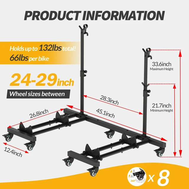 Alt view image 6 of 7 - Bike Rack for Garage, Vertical Bike Stand (2 Pack), Fits bikes up to 29" | Freestanding Bike Stand With No Wall Mounting Or Drilling, Adjustable Height, Stores Up To 2 Bikes With Casters For Mobility
