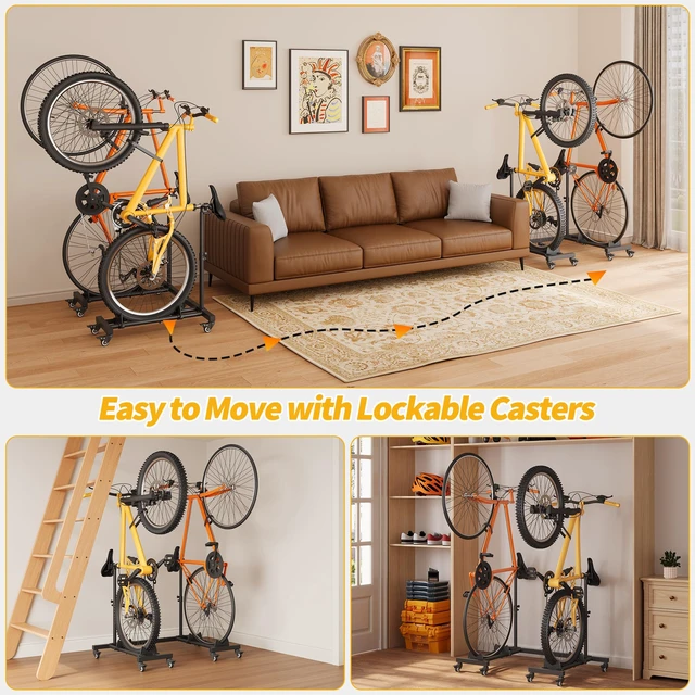 Alt view image 7 of 7 - Bike Rack for Garage, Vertical Bike Stand (2 Pack), Fits bikes up to 29" | Freestanding Bike Stand With No Wall Mounting Or Drilling, Adjustable Height, Stores Up To 2 Bikes With Casters For Mobility