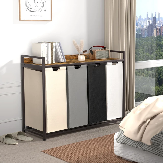 Alt view image 3 of 7 - Laundry Hamper with Shelf, Laundry Basket 4 Section, Laundry Sorter with Pull-Out Removable Large 4 Color Bags and Movable Wheels, Metal Frame, 4 x 15.87 Gallons (60L), Rustic Brown PF07XLN