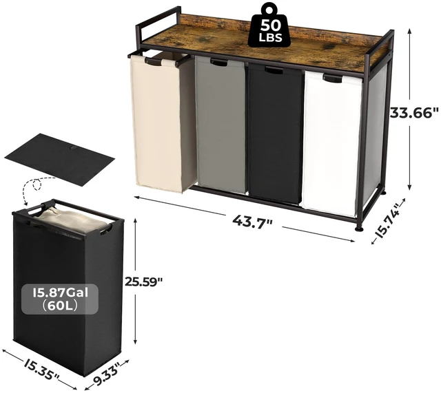 Alt view image 4 of 7 - Laundry Hamper with Shelf, Laundry Basket 4 Section, Laundry Sorter with Pull-Out Removable Large 4 Color Bags and Movable Wheels, Metal Frame, 4 x 15.87 Gallons (60L), Rustic Brown PF07XLN