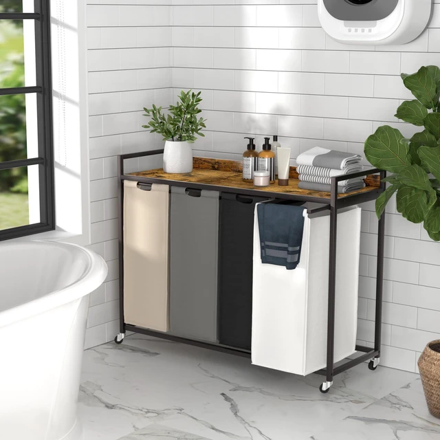 Alt view image 5 of 7 - Laundry Hamper with Shelf, Laundry Basket 4 Section, Laundry Sorter with Pull-Out Removable Large 4 Color Bags and Movable Wheels, Metal Frame, 4 x 15.87 Gallons (60L), Rustic Brown PF07XLN