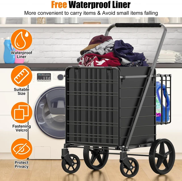 Alt view image 4 of 7 - 455lbs Shopping Cart for Groceries, Large Heavy Duty Grocery Cart on Wheels | Folding Dual Basket Utility Carts with Waterproof Liner, Shopping Carts for Transport, Laundry, Gift, Luggage