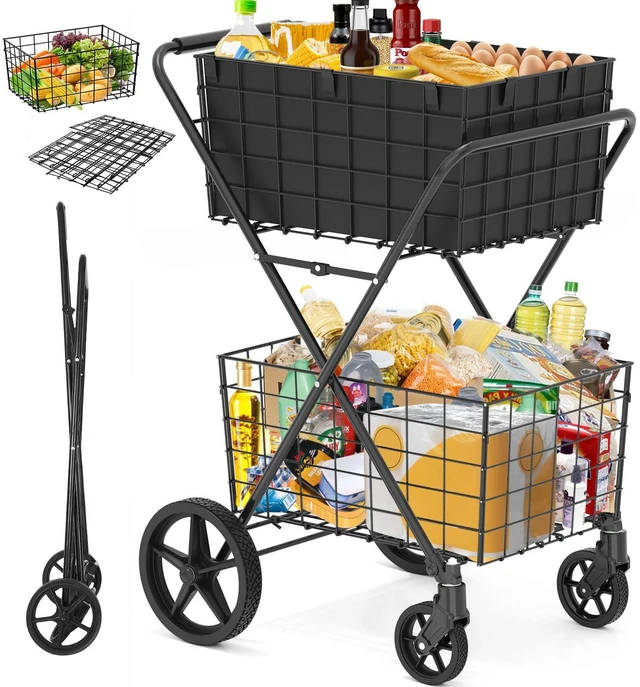Main image of 2-Tier Collapsible 400Lbs Heavy Duty Shopping Cart for Groceries | Grocery Cart with 2 Removable Storage Baskets, 360° Rolling Swivel Wheels, Waterproof Liner, Utility Carts for Transport Gift