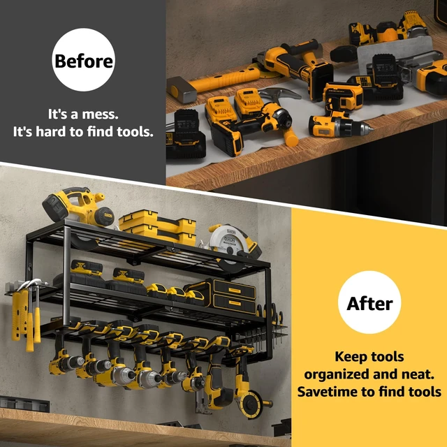 Alt view image 4 of 7 - Heavy Duty Power Tool Organizer Wall Mount, Cordless Drill Hanger Storage Rack, Battery Tools Holder with Charging Station Shelf for Garage Organization, Workshop, Pegboard, Shed - 32 Inch 8 Slots
