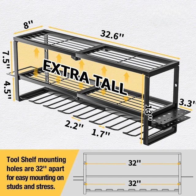 Alt view image 2 of 7 - Heavy Duty Power Tool Organizer Wall Mount, Cordless Drill Hanger Storage Rack, Battery Tools Holder with Charging Station Shelf for Garage Organization, Workshop, Pegboard, Shed - 32 Inch 8 Slots
