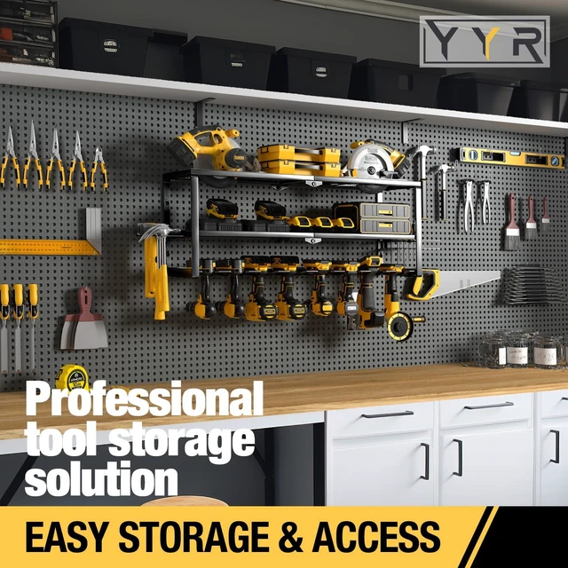 Alt view image 6 of 7 - Heavy Duty Power Tool Organizer Wall Mount, Cordless Drill Hanger Storage Rack, Battery Tools Holder with Charging Station Shelf for Garage Organization, Workshop, Pegboard, Shed - 32 Inch 8 Slots