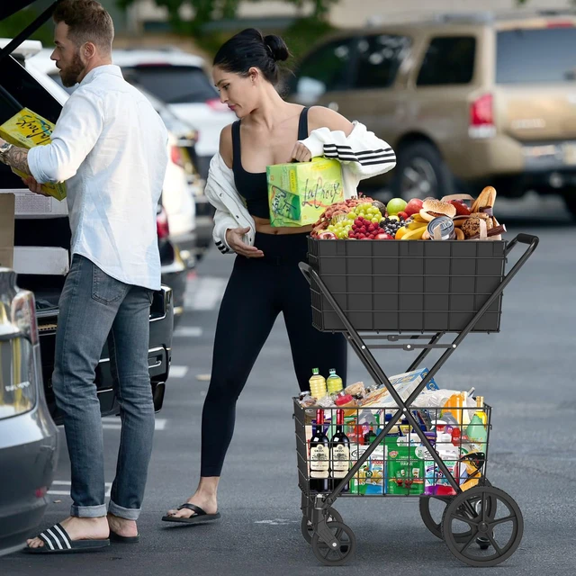Alt view image 7 of 7 - 2-Tier Collapsible 400Lbs Heavy Duty Shopping Cart for Groceries | Grocery Cart with 2 Removable Storage Baskets, 360° Rolling Swivel Wheels, Waterproof Liner, Utility Carts for Transport Gift