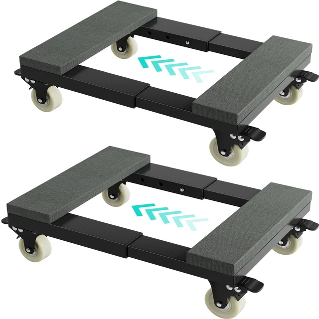 Main image of Heavy Duty Moving Furniture Dolly Set of 2, Adjustable Mover Cart | Metal Moving Dollies with 4 Locking 360° Swivel Wheels, Adjustable Frame & Wooden Padded Top for Home Office Heavy Appliances