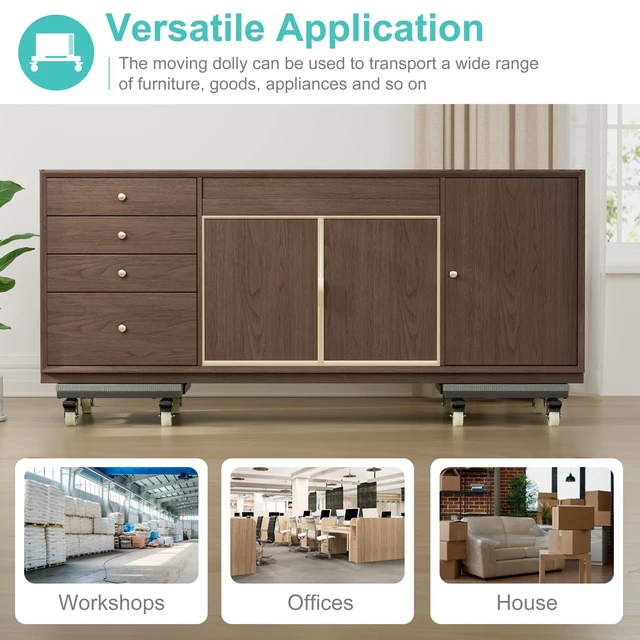 Alt view image 2 of 7 - Heavy Duty Moving Furniture Dolly Set of 2, Adjustable Mover Cart | Metal Moving Dollies with 4 Locking 360° Swivel Wheels, Adjustable Frame & Wooden Padded Top for Home Office Heavy Appliances