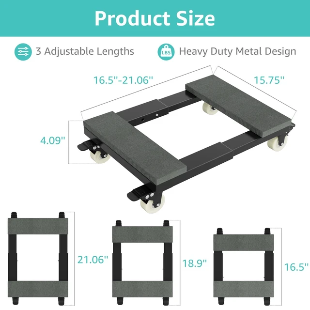 Alt view image 3 of 7 - Heavy Duty Moving Furniture Dolly Set of 2, Adjustable Mover Cart | Metal Moving Dollies with 4 Locking 360° Swivel Wheels, Adjustable Frame & Wooden Padded Top for Home Office Heavy Appliances