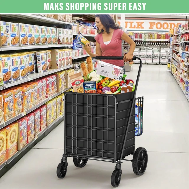 Alt view image 7 of 7 - 455lbs Shopping Cart for Groceries, Large Heavy Duty Grocery Cart on Wheels | Folding Dual Basket Utility Carts with Waterproof Liner, Shopping Carts for Transport, Laundry, Gift, Luggage