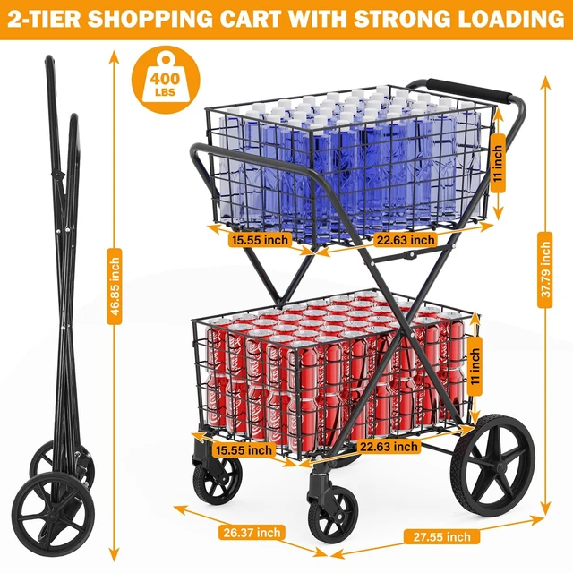 Alt view image 2 of 7 - 2-Tier Collapsible 400Lbs Heavy Duty Shopping Cart for Groceries | Grocery Cart with 2 Removable Storage Baskets, 360° Rolling Swivel Wheels, Waterproof Liner, Utility Carts for Transport Gift