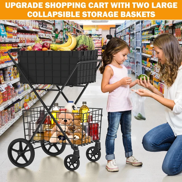 Alt view image 5 of 7 - 2-Tier Collapsible 400Lbs Heavy Duty Shopping Cart for Groceries | Grocery Cart with 2 Removable Storage Baskets, 360° Rolling Swivel Wheels, Waterproof Liner, Utility Carts for Transport Gift
