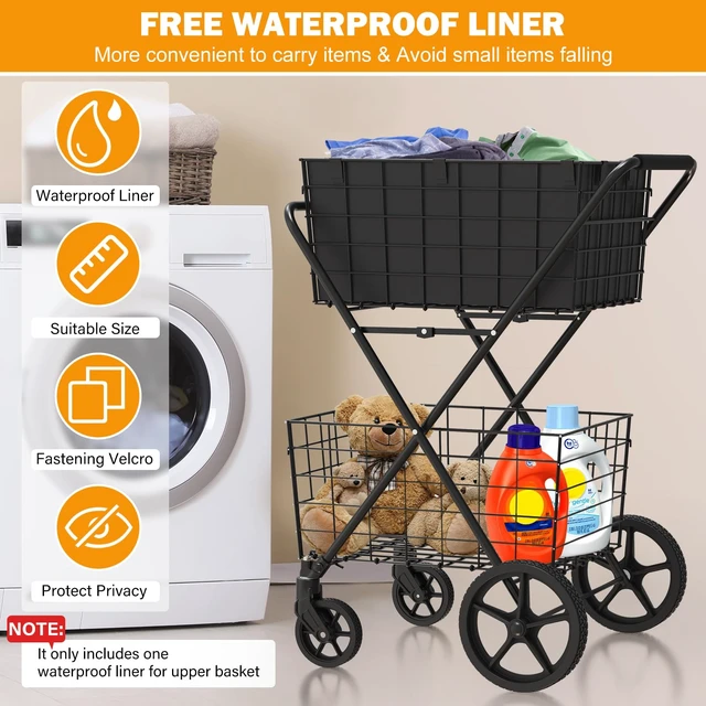 Alt view image 6 of 7 - 2-Tier Collapsible 400Lbs Heavy Duty Shopping Cart for Groceries | Grocery Cart with 2 Removable Storage Baskets, 360° Rolling Swivel Wheels, Waterproof Liner, Utility Carts for Transport Gift