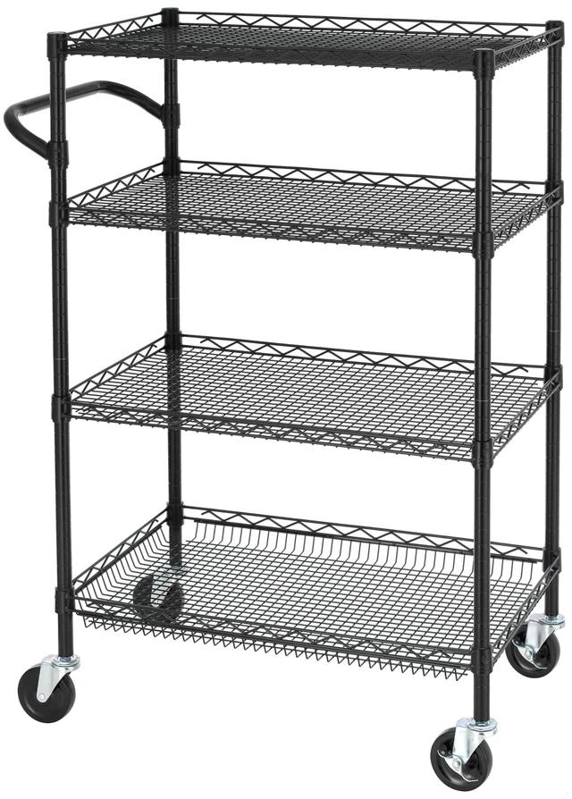 Main image of 4 Tier Heavy Duty Commercial Grade Rolling Cart with Handle Bar, Metal Wire Utility Cart with Wheels, Shelf Size 18" D x 30" W, NSF Listed, Black