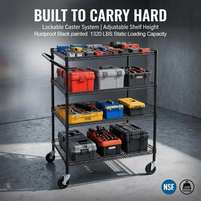 Alt view image 4 of 6 - 4 Tier Heavy Duty Commercial Grade Rolling Cart with Handle Bar, Metal Wire Utility Cart with Wheels, Shelf Size 18" D x 30" W, NSF Listed, Black