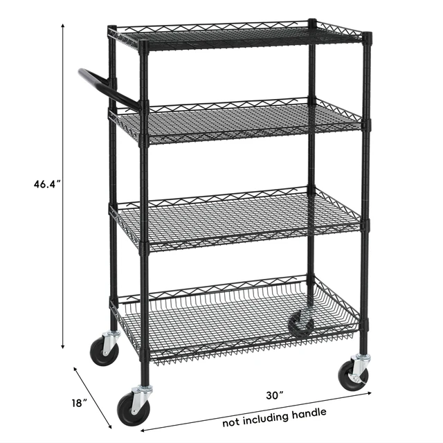 Alt view image 3 of 6 - 4 Tier Heavy Duty Commercial Grade Rolling Cart with Handle Bar, Metal Wire Utility Cart with Wheels, Shelf Size 18" D x 30" W, NSF Listed, Black