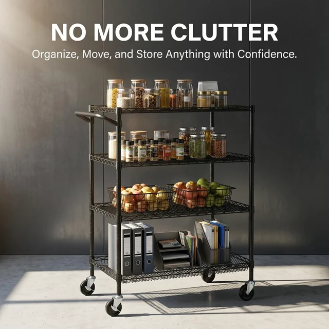 Alt view image 2 of 6 - 4 Tier Heavy Duty Commercial Grade Rolling Cart with Handle Bar, Metal Wire Utility Cart with Wheels, Shelf Size 18" D x 30" W, NSF Listed, Black