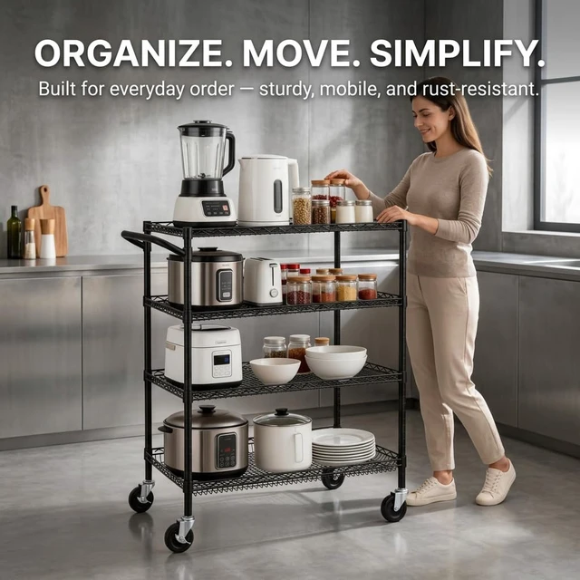 Alt view image 6 of 6 - 4 Tier Heavy Duty Commercial Grade Rolling Cart with Handle Bar, Metal Wire Utility Cart with Wheels, Shelf Size 18" D x 30" W, NSF Listed, Black